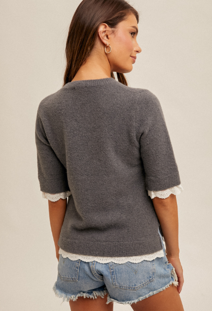 Grey Sweater Top with Lace Sleeves