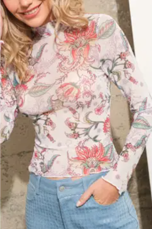 White Floral Mesh Top