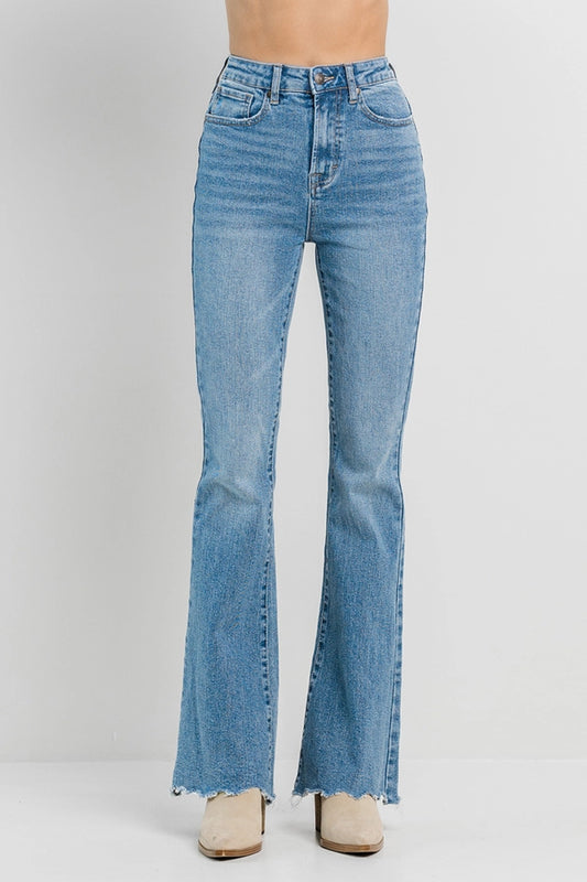 High Rise Frayed Flare Jeans