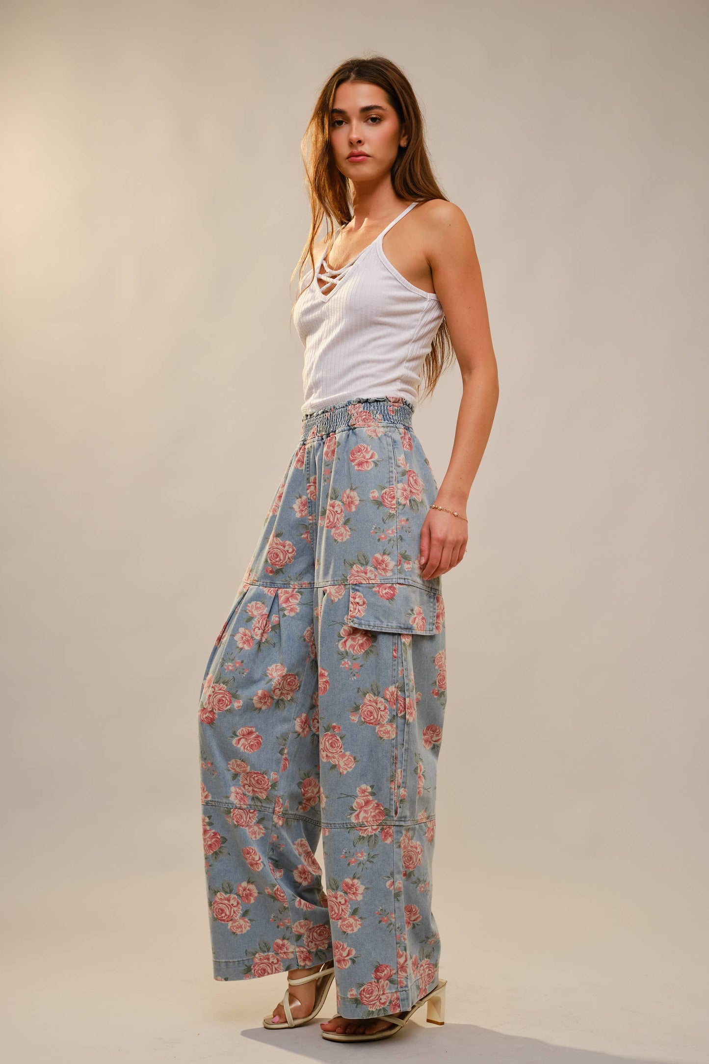 Rose Print Smocked Waist Cargo Pants