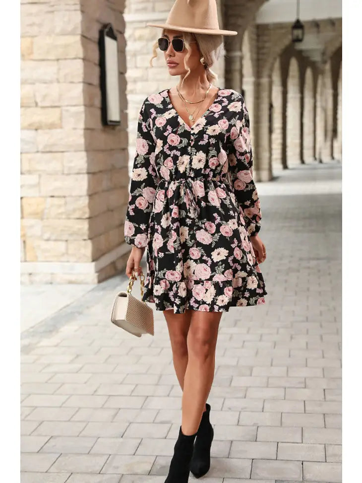 Black with Pink Floral Short Dress