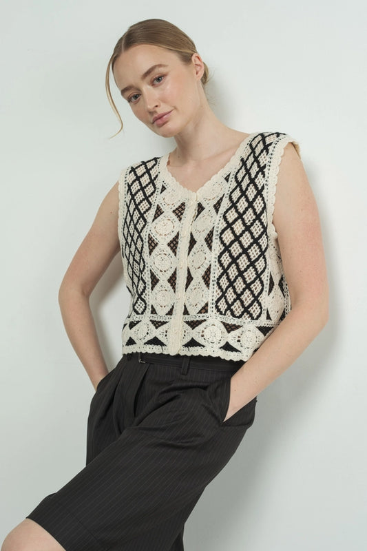 Black & Cream Crochet Vest