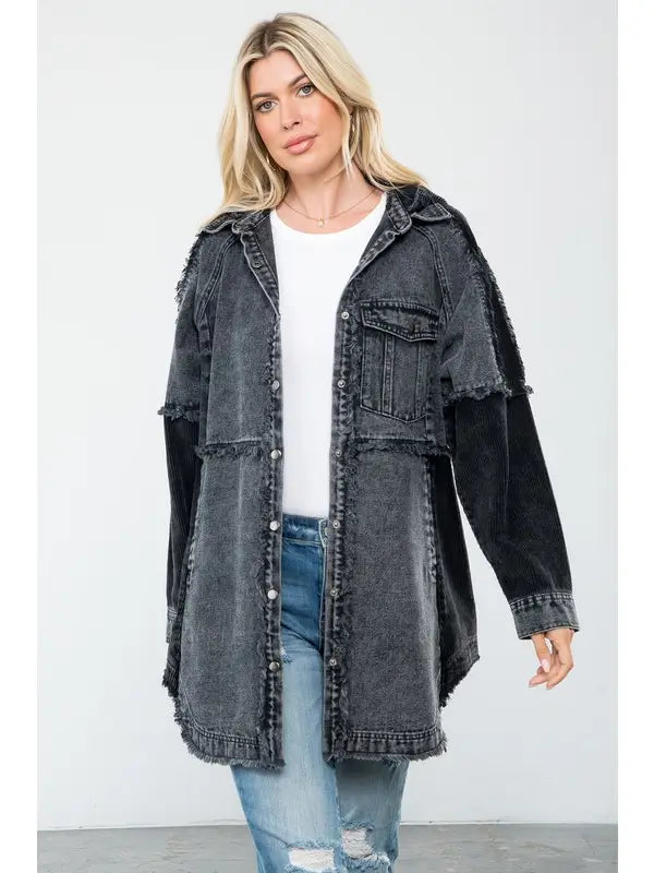 Wash Black Denim Hooded Long Jacket