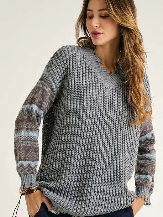Stormy Grey Fringe Sweater