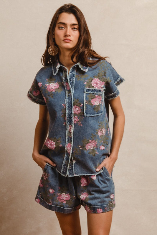Floral Printed Denim Frayed Top