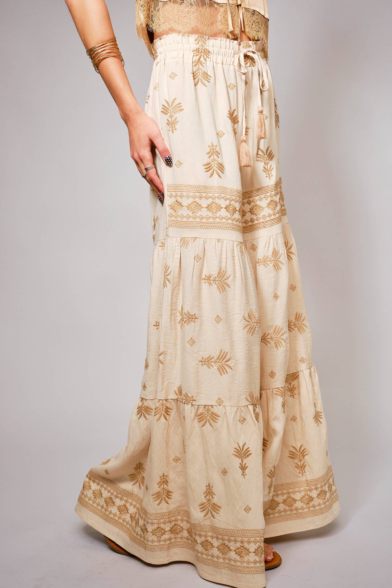 Embroidered Tassel Tie Front Tiered Palazzo Pants