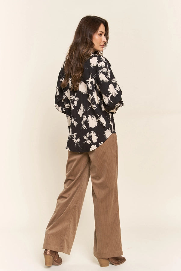 Beige and Black Floral Blouse