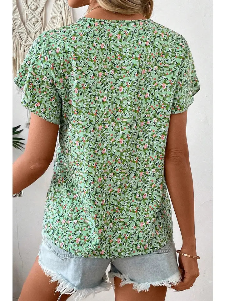 Green Floral V-Neck Petal Sleeve Blouse
