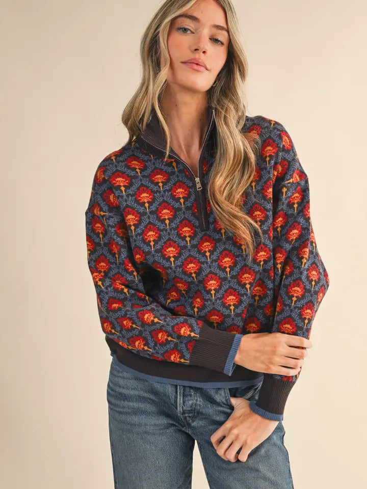 Floral Mock Neck Half Zip Pullover