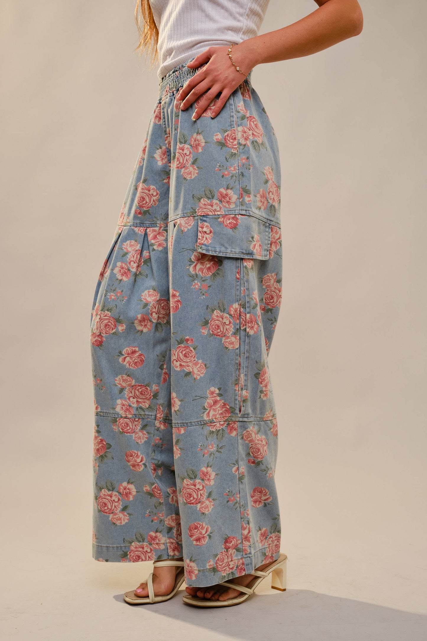 Rose Print Smocked Waist Cargo Pants