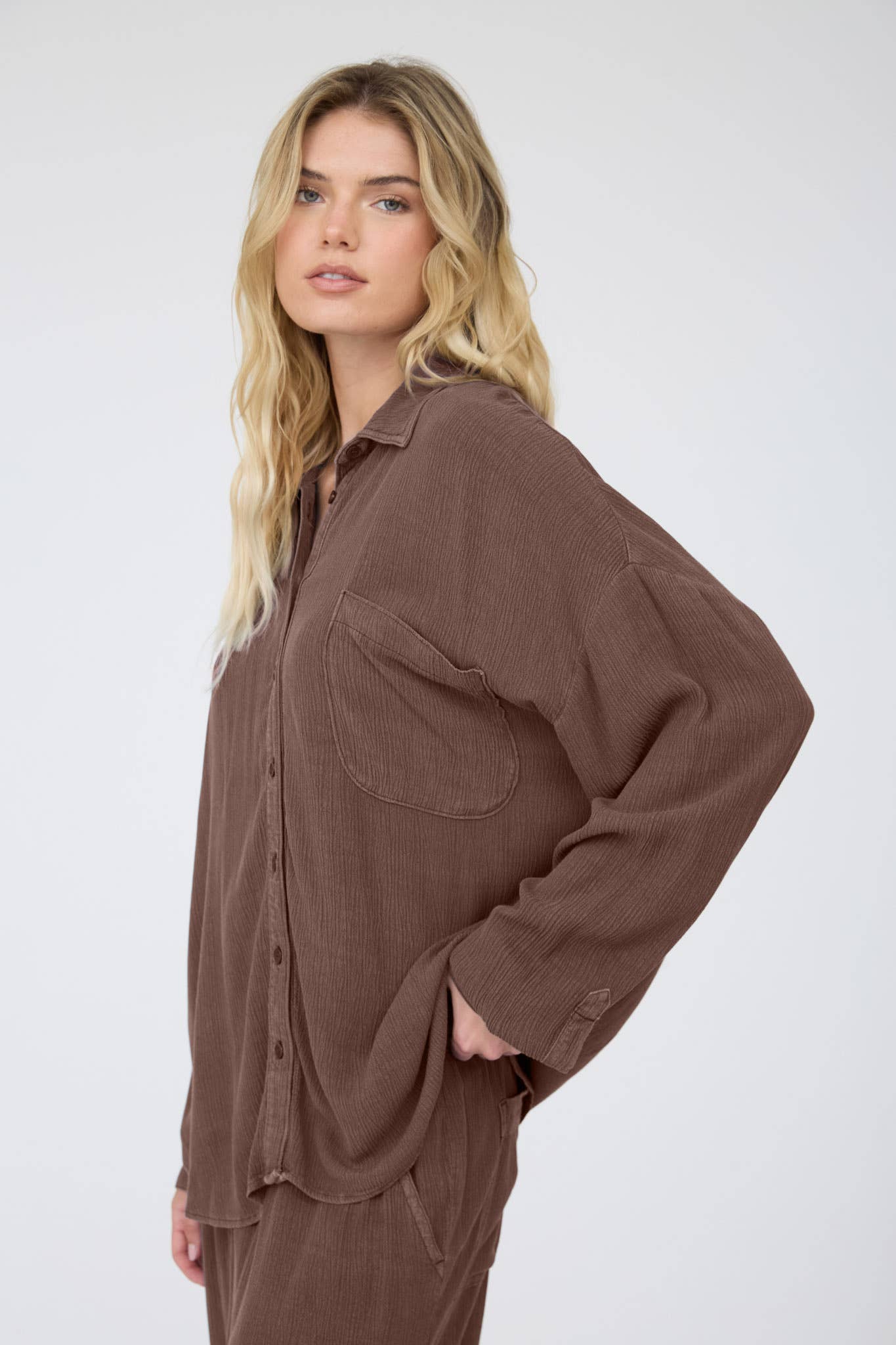 Crinkle Button Down - Mocha