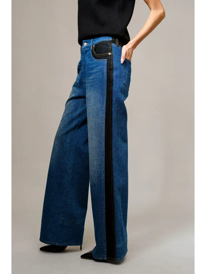 Two Tone Panel Wide Denim Jeans