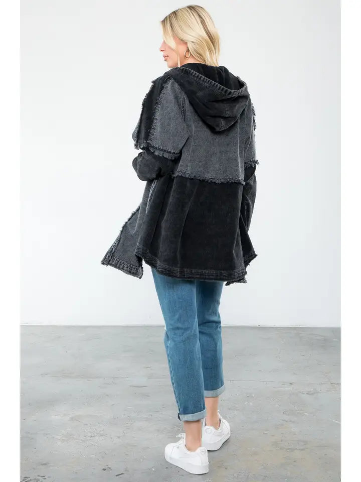 Wash Black Denim Hooded Long Jacket