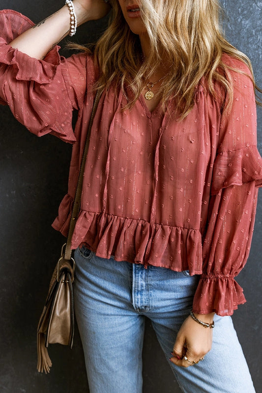 Red Swiss Dot Lace Up V Neck Ruffled Blouse