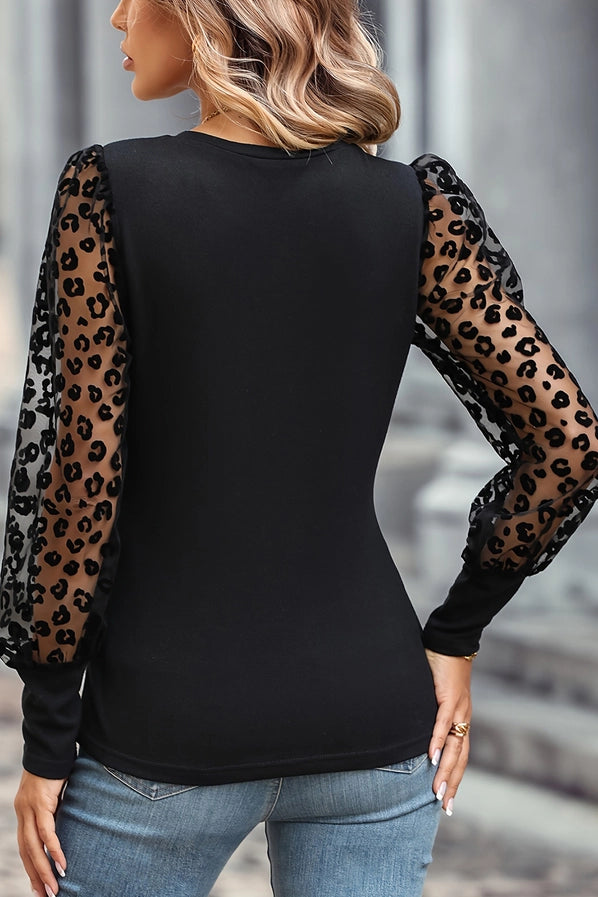 Black Leopard Print Puff Sleeves