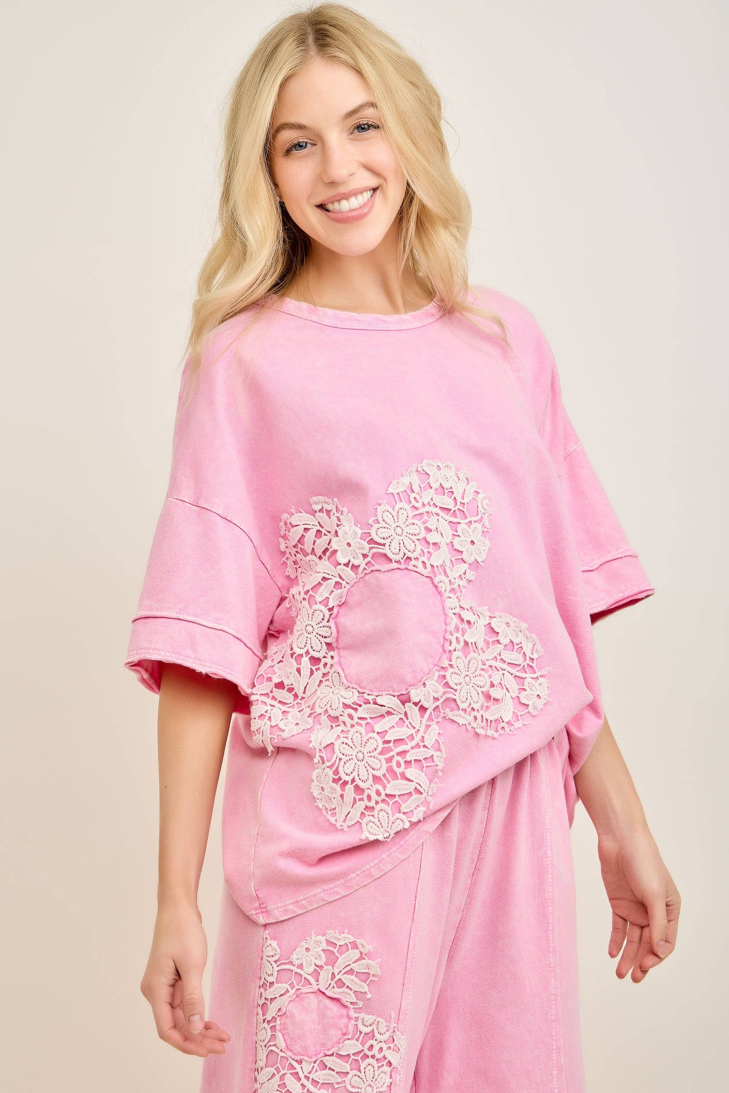 Flower Crochet Patch Top - Bubblegum Pink
