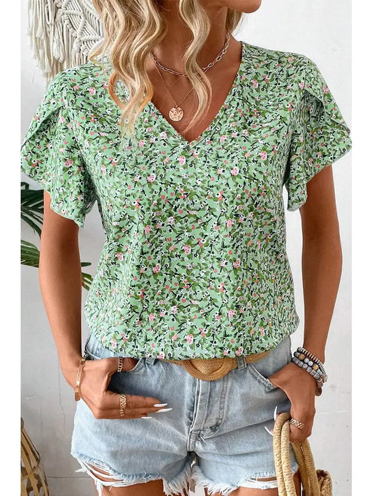 Green Floral V-Neck Petal Sleeve Blouse