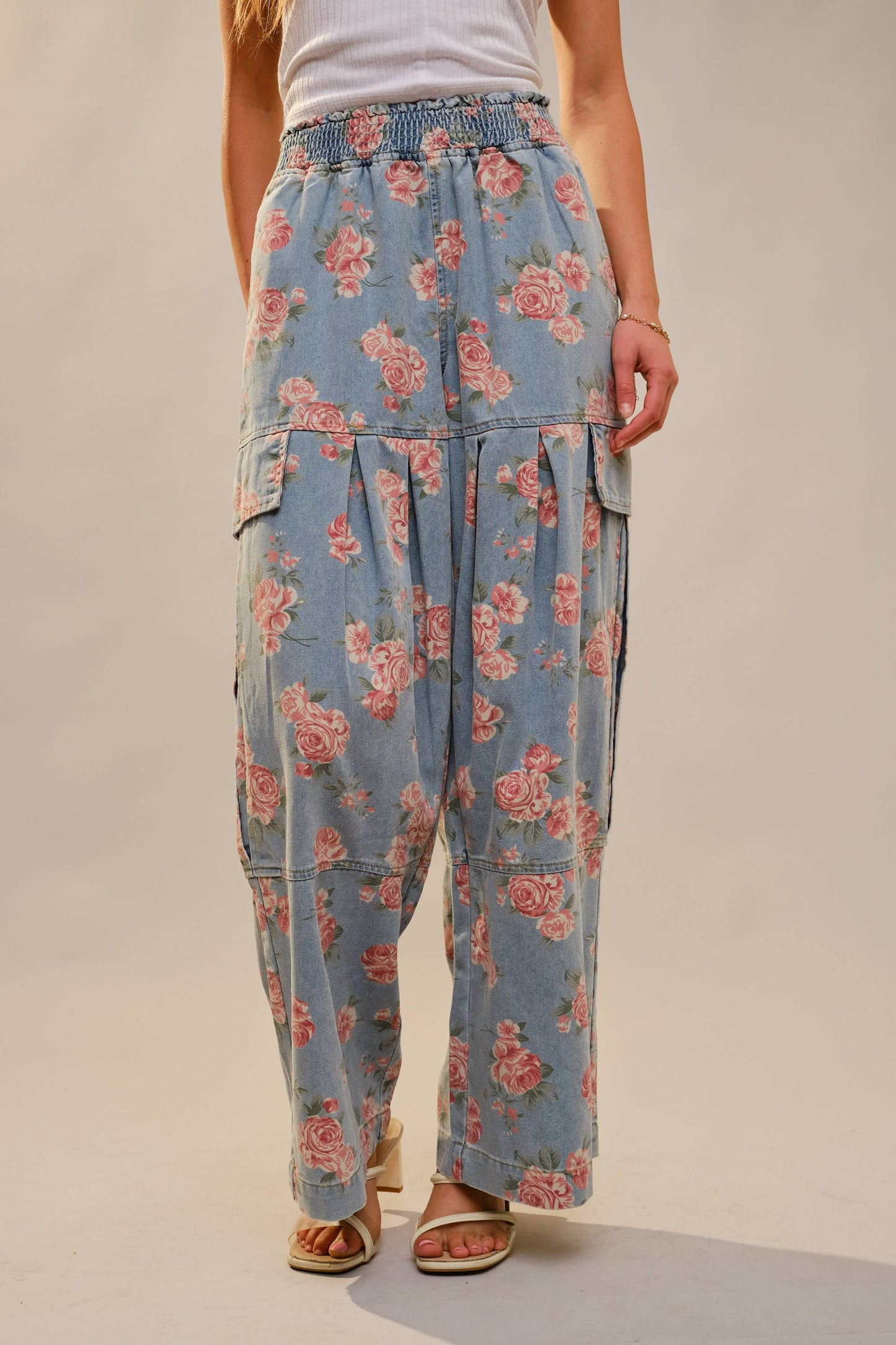 Rose Print Smocked Waist Cargo Pants
