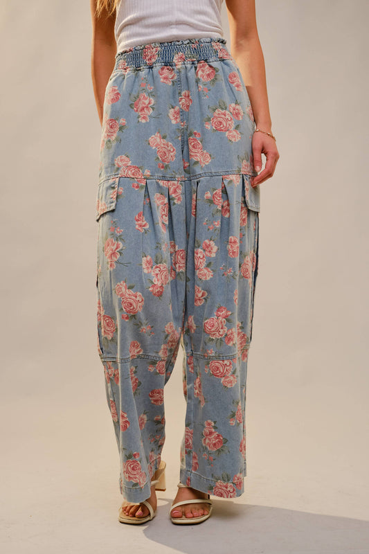 Rose Print Smocked Waist Cargo Pants