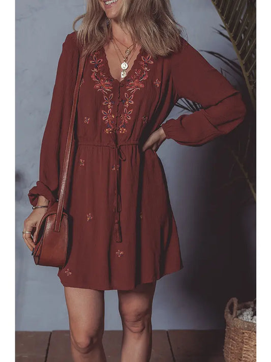 Burgundy Embroidered Floral Dress