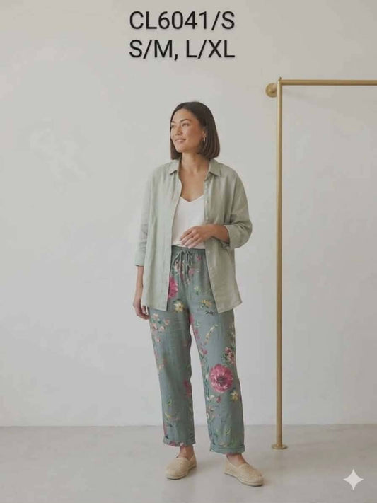 Linen Pants Floral Print: Teal