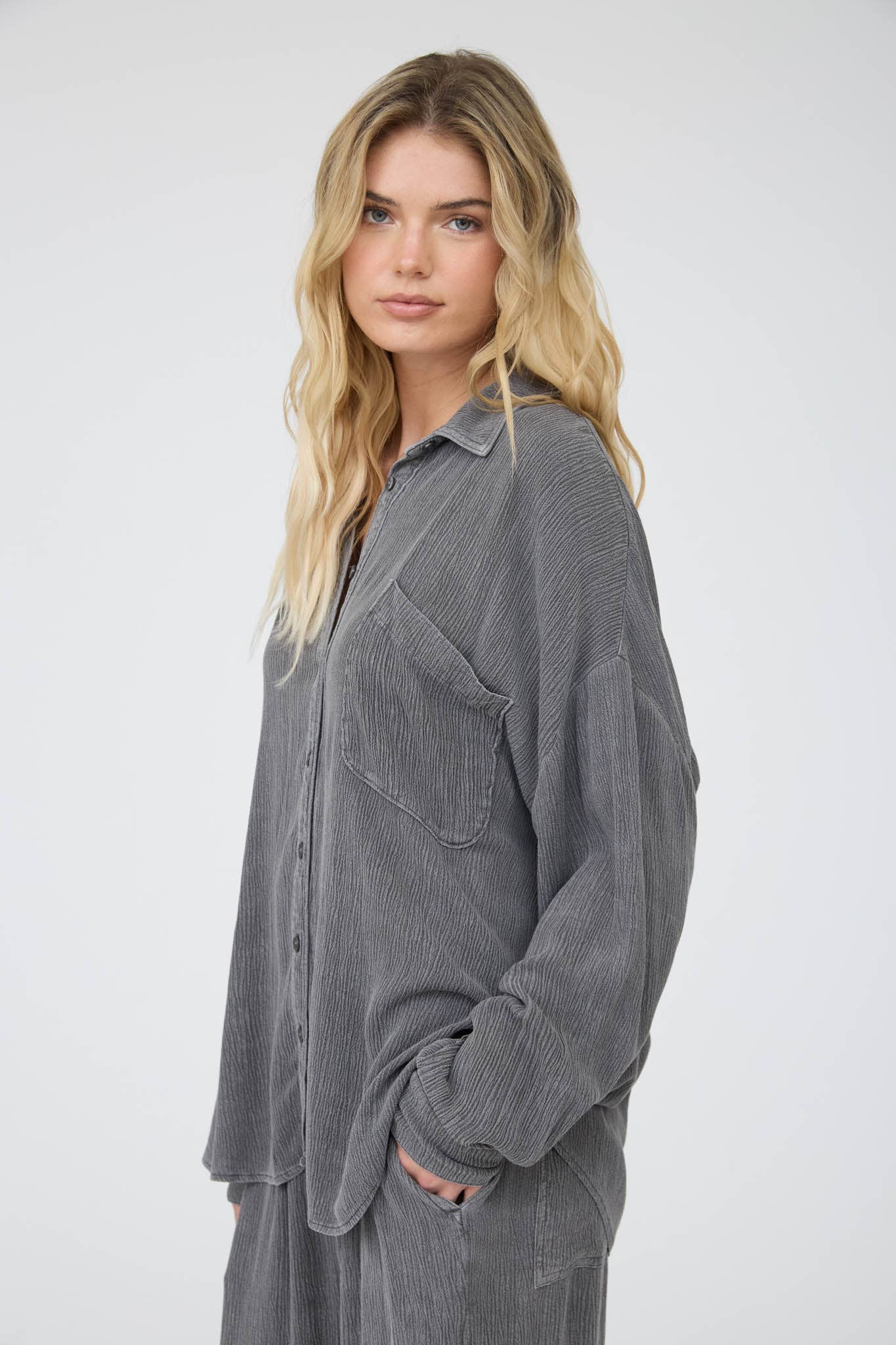 Crinkle Button Down - Charcoal