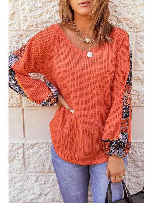 Floral Coral Colorblock Waffle Knit Top