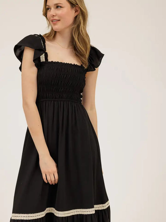 Contrast Detail Smocked Ruffle Midi Dress