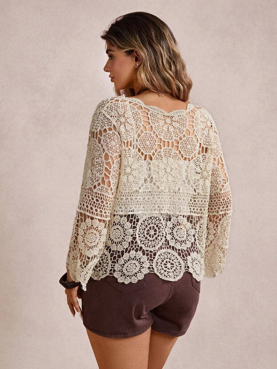 Boho Crochet Lace Cutout Top: Beige