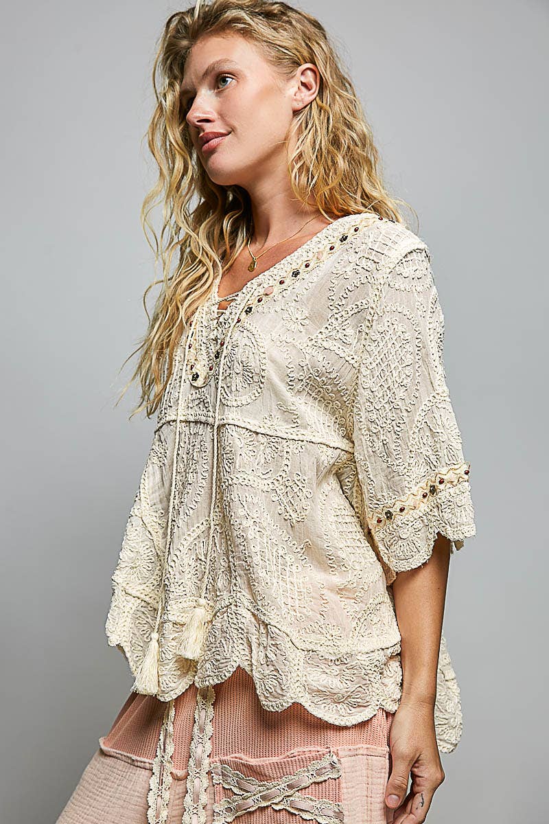 Boho Breeze Crochet V-Neck