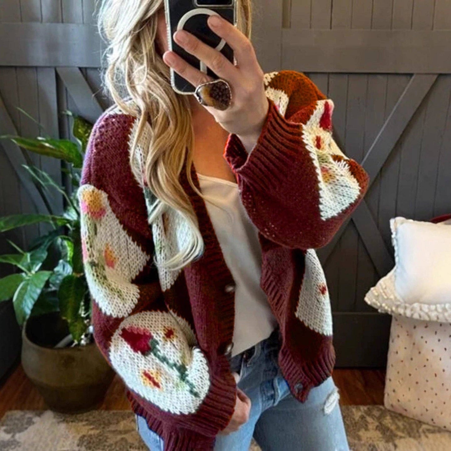 Color Block Floral Button Cardigan