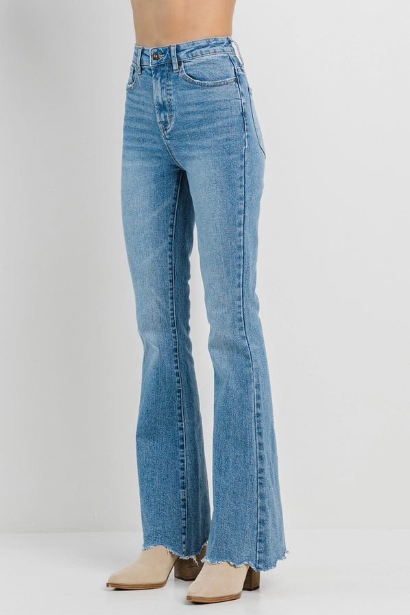 High Rise Frayed Flare Jeans