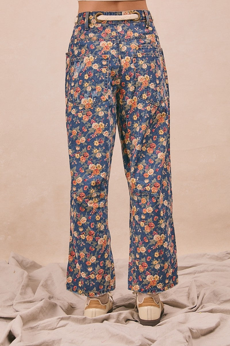 Mineral Wash Floral Print Denim