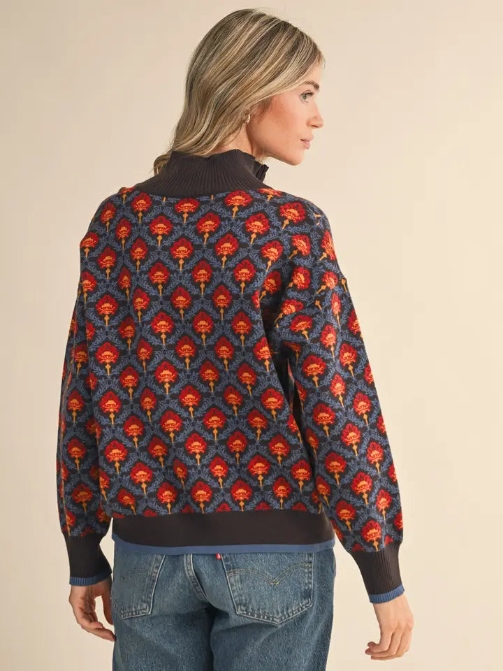 Floral Mock Neck Half Zip Pullover