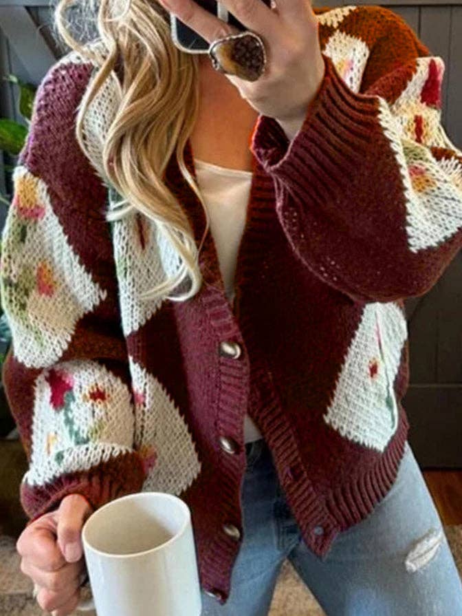 Color Block Floral Button Cardigan