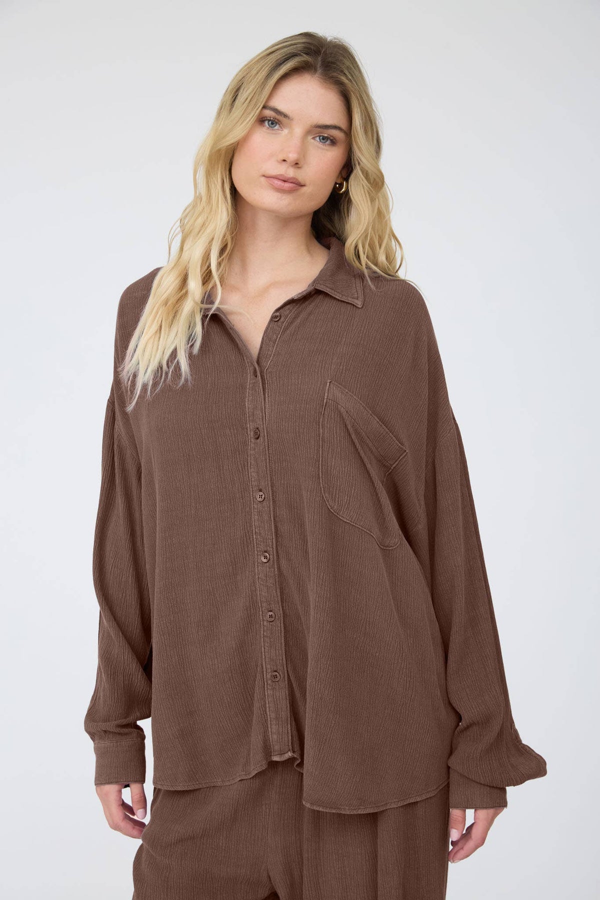 Crinkle Button Down - Mocha
