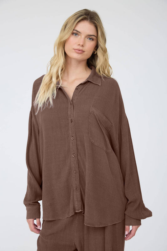 Crinkle Button Down - Mocha
