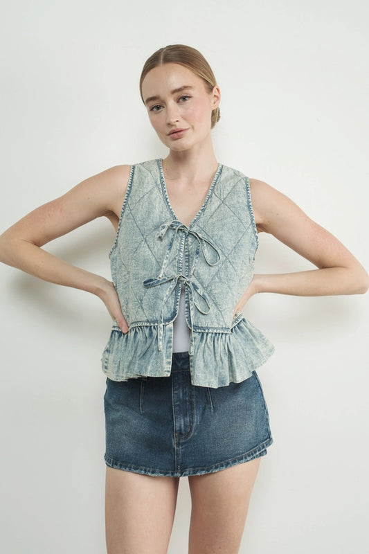 Ruffle Bottom Denim Vest W/Tie