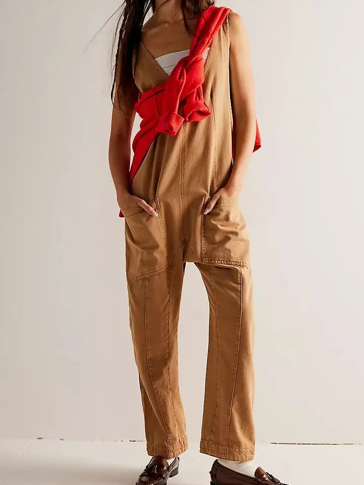 Scoop Neck Denim Jumpsuit - Khaki