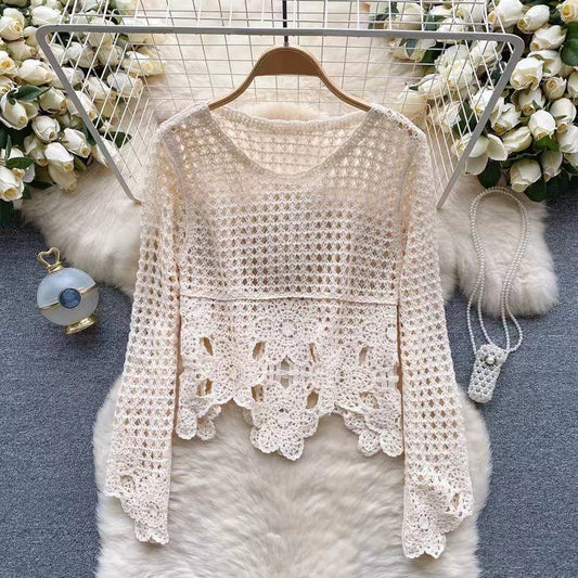 Embroidered Lace Crop Top: Beige