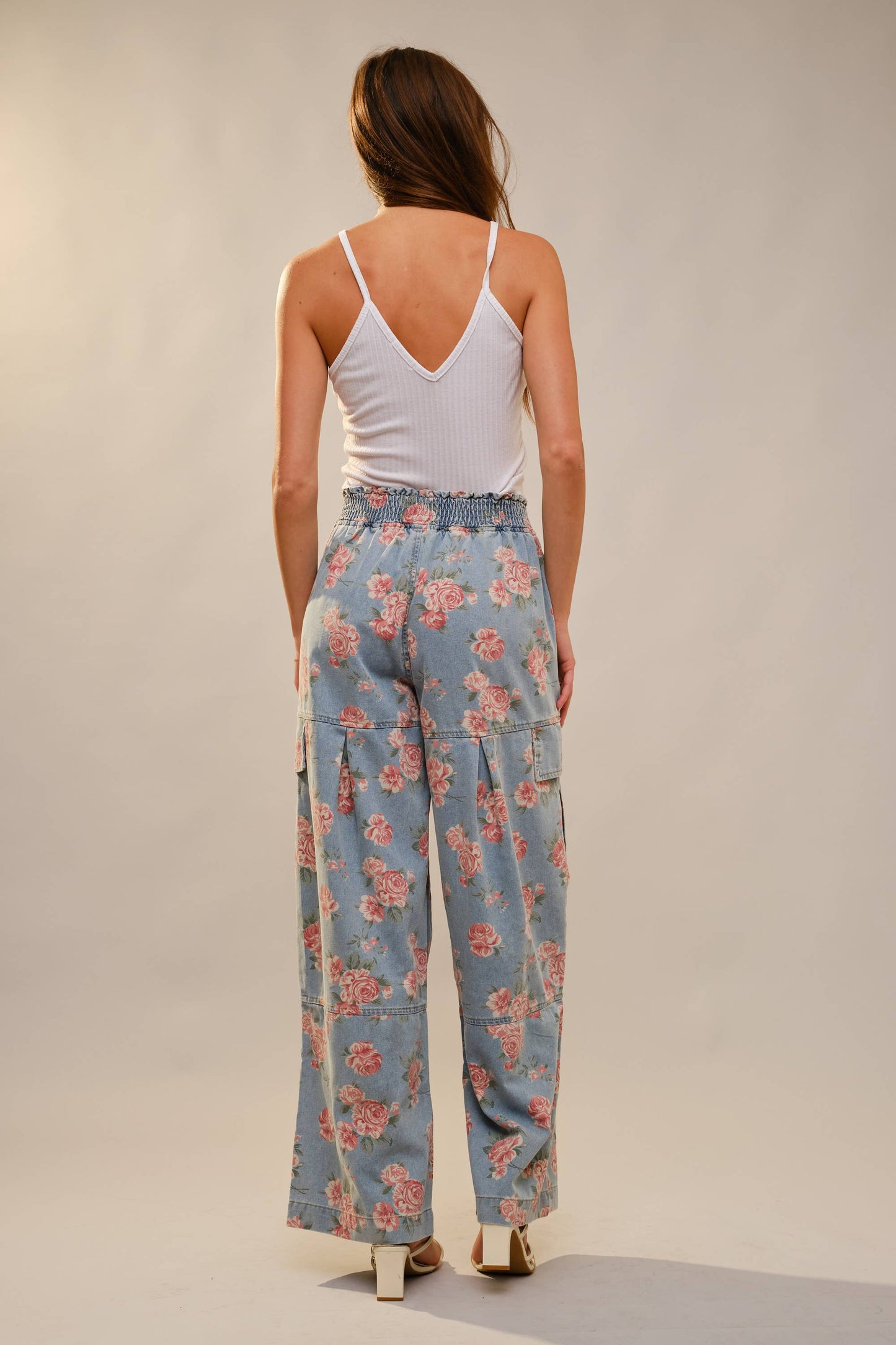 Rose Print Smocked Waist Cargo Pants