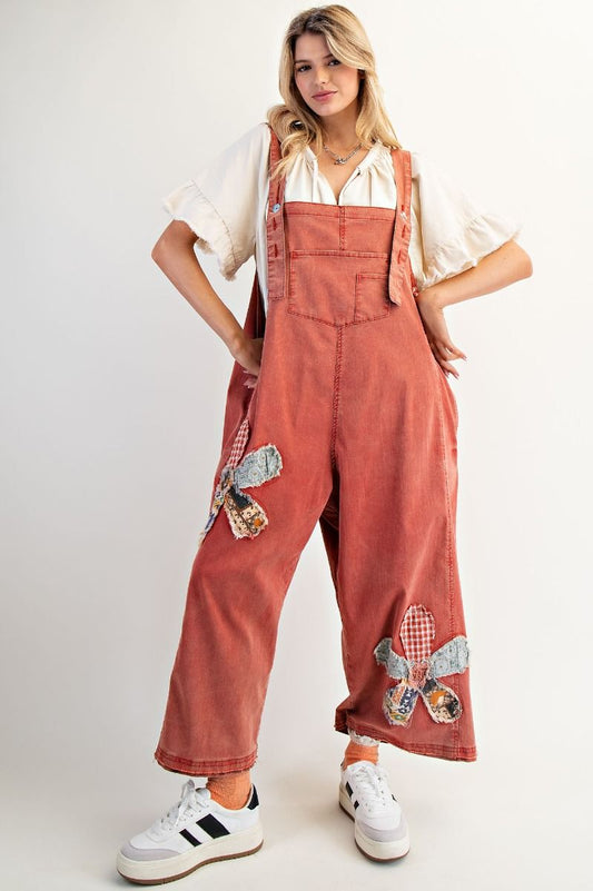 Floral Patch Washed Red Overalls