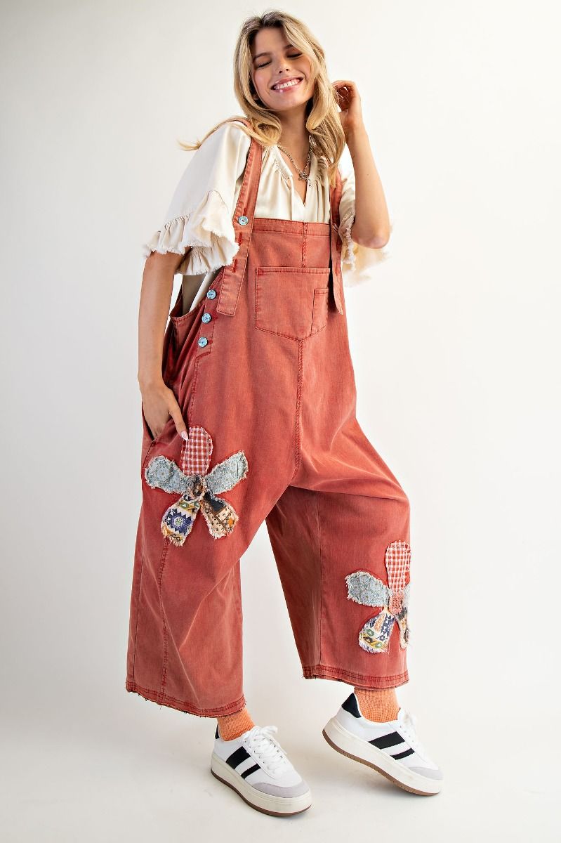 Floral Patch Washed Red Overalls