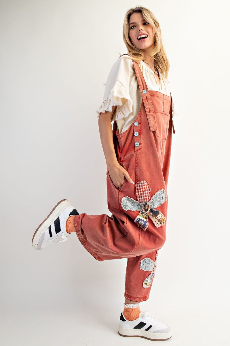 Floral Patch Washed Red Overalls