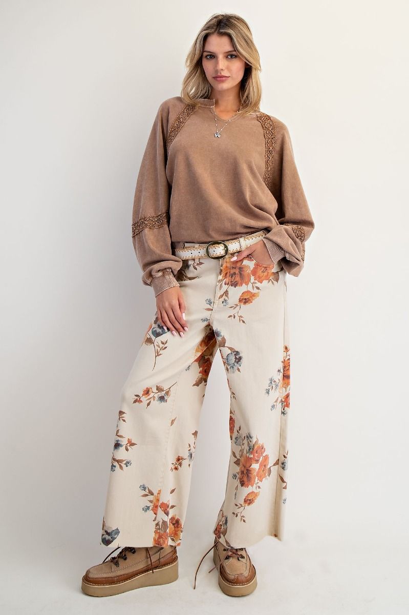 Flower Print Twill Pant - Khaki