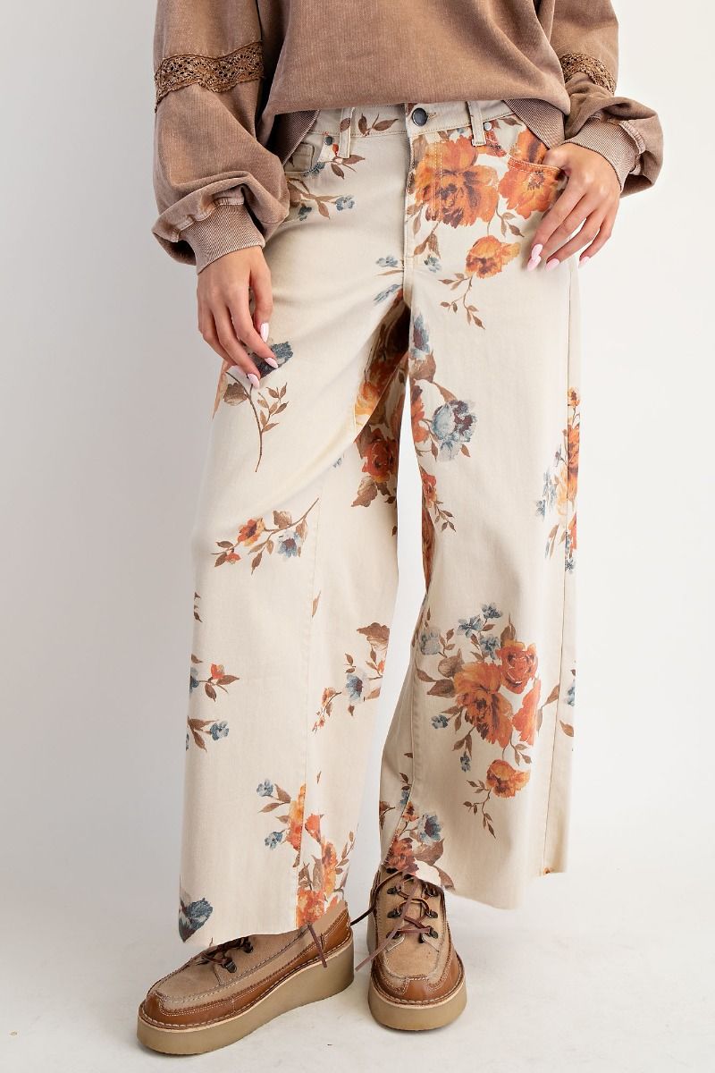 Flower Print Twill Pant - Khaki