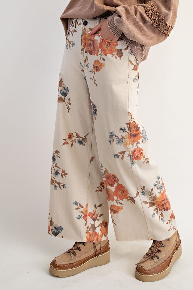 Flower Print Twill Pant - Khaki