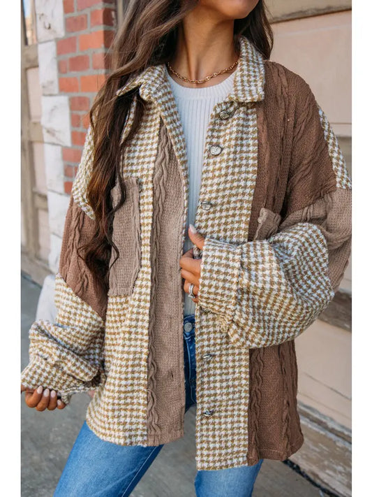 Brown Cable Knit Patchwork Shacket