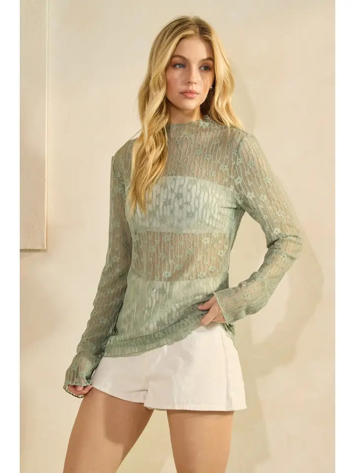 Floral Sage Green Mesh Top