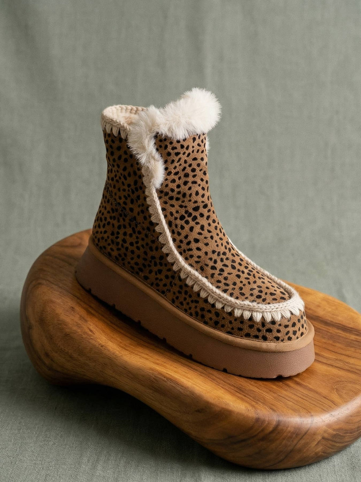 Dark Cheetah Shearling Trim Platform Boot